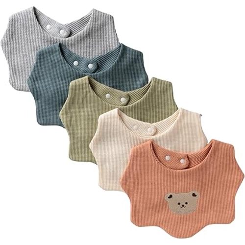 Baby Bibs Cotton – Set of 5 Adjustable Scalloped Drool Bibs for Boys & Girls, Soft & Washable, Newborn to Toddler Feeding Bibs, Cute Bear Infant Accessory