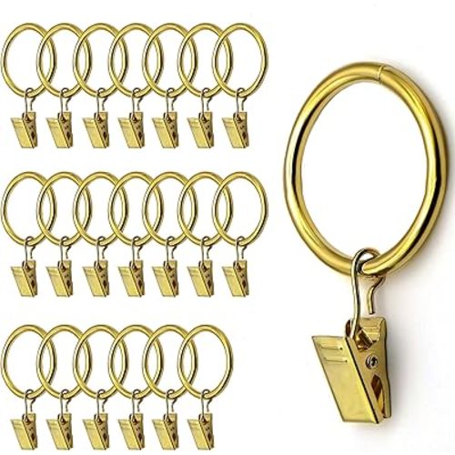 Gold Finish Curtain Rings with Clips 1 Inch Set of 20 Heavy Duty Curtain Hooks for Drapes, Caps, Pictures - fits on Rod Diameter Upto 0.9 Inch/22.86mm… (Gold, 1" Inch - 20 Pack)