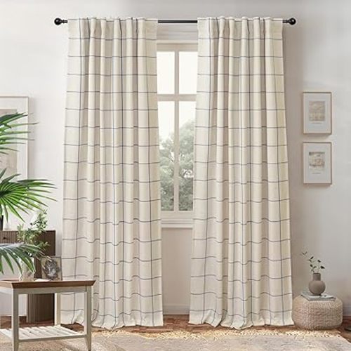 DriftAway 100% Blackout Windowpane Plaid Linen Curtains Double Layer Farmhouse Drapes 84 Inches Long for Living Room Bedroom Yarn Dyed Woven Thermal Insulated Rod Pocket Back Tab 2 Panels Navy Blue