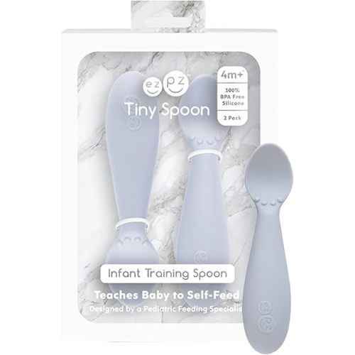 ezpz Tiny Spoon (2 Pack in Pewter) - 100% Silicone Baby Spoon for Baby Led Weaning + Purees - 6 Months + - Designed by a Pediatric Feeding Specialist - Baby Essentials & Baby Gifts