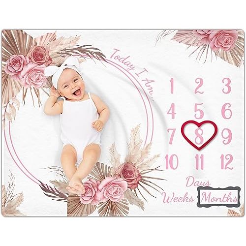 Baby Monthly Milestone Blanket for Girl - Soft Baby Age Month Blanket with Growth Chart - Boho Floral Photo Prop - Washable & Dryable, 50" x 40"