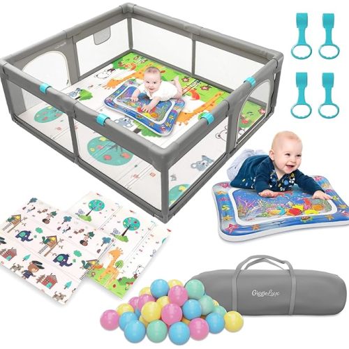 GiggleLux Baby Playpen with Mat Included - Baby Play Yard Tummy Time Water Mat, Hand Rings, 30 Pitballs & Storage Bag - Baby Fence Play Area for Indoor Outdoor, Large Playpen for Babies and Toddlers