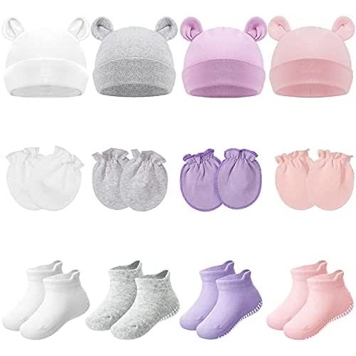 4 Sets Newborn Baby Hat and Mittens Toddler Beanie Cap Non Slip Socks for 0-6 Months