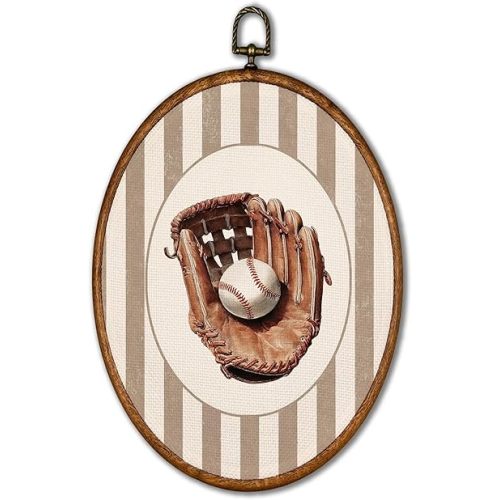KSDUT Vintage Baseball Glove Wall Art Decor - Retro Sports Beige Stripes Wall Art Canvas Frame Hanging Prints, Nursery Sports Gallery Oval Artwork Decor for Home Bedroom Decorations 8.6"x11.4"