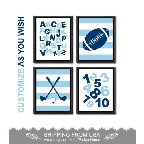 sports nursery wall decor, alphabet nursery, sports baby decor, abc wall art, football golf boys room decor, baby boy nursery decor