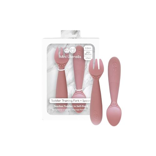 ezpz Mini Utensils - 12 Months+ (Fork & Spoon in Blush) - 100% BPA Free Fork and Spoon - Toddler Utensils - Designed by a Pediatric Feeding Specialist