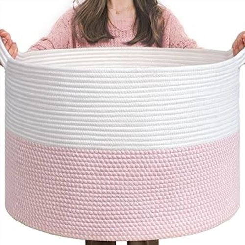 INDRESSME XXXLarge Storage Basket with Handle, Pink Laundry Basket for Nursery Stuffed Animal Storage, Baby Baskets Kids Toy Organizer, 21.7" x 21.7" x 13.8", Pink