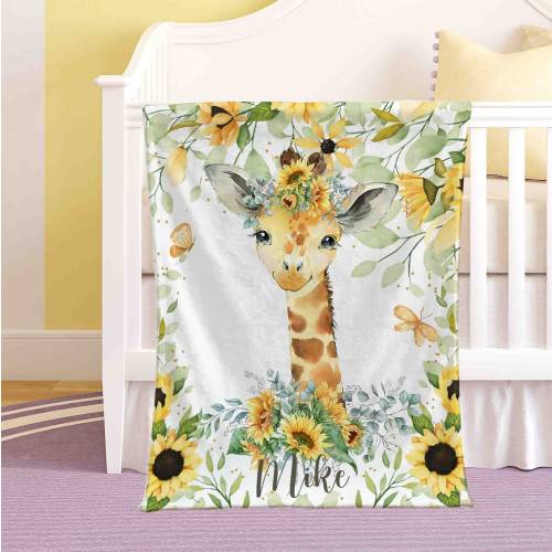 Sunflower Giraffe Nursery Blanket, Personalized Baby Animal Blanket, Safari Baby Blanket, Kids Custom Name Blanket, Floral Baby Shower Gift