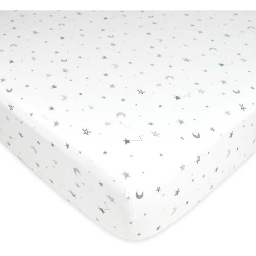 American Baby Company 100% Natural Cotton Fitted Crib Sheet 52" x 28" - Soft, Breathable, Hypoallergenic & Gentle Toddler Bed Sheet, Gray Stars and Moons, Neutral for Boys & Girls