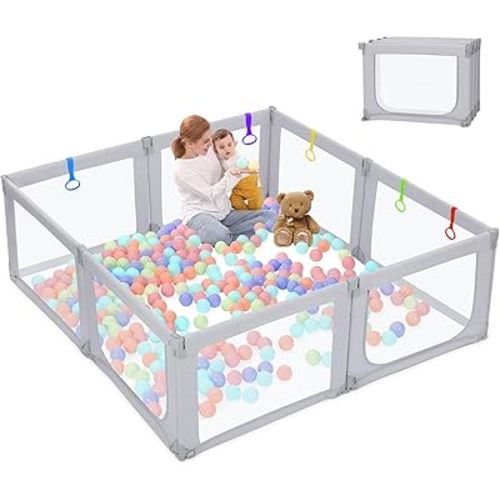 Dripex Foldable Baby Playpen, 71"×69" Play Pens for Babies and Toddlers, Safe Anti-Fall Play Yard with Gates, Baby Fence with Breathable Mesh, Indoor & Outdoor Kids Activity Center, Pale Grey