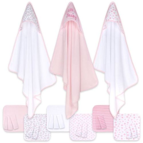 The Peanutshell Baby Hooded Towels And Washcloths Bath Set, 23-piece, Daisy Clean Girls, Pink/white