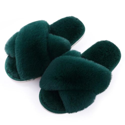 Evshine Women's Fuzzy Slippers Cross Band Memory Foam House Slippers Open Toe