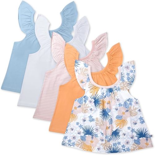 HonestBaby Baby Girls 5-pack Cami Tops Sleeveless T-shirts 100% Organic Cotton for Infant and Toddler Baby Girls