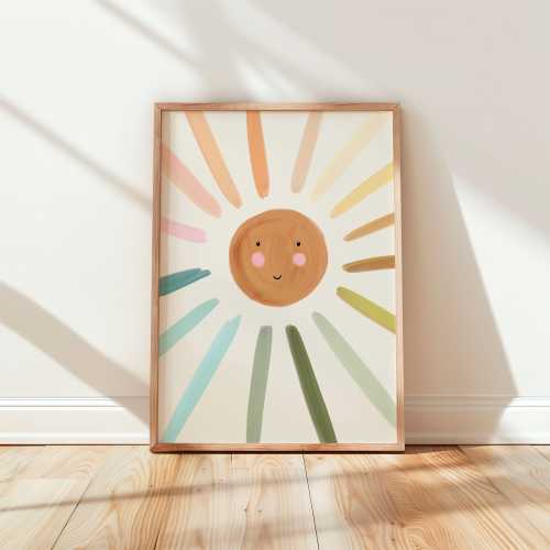 Pastel Sun Rainbow Art Print, Kids Wall Decor, Childrens Nursery Wall Print, Boho Sun Art