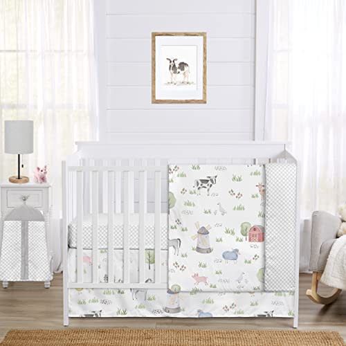Sweet Jojo Designs Farm Animals Boy or Girl Baby Crib Bedding Set for Infant Nursery Room Grey Red Black and White Gender Neutral Watercolor Farmhouse Lattice Gray Green Barn Horse Cow Sheep Pig