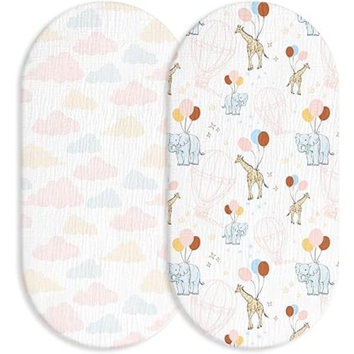 Muslin Bassinet Fitted Sheets, 2 Pack for Baby Boy and Girl, Soft Breathable Baby Pad/Mattress Sheet, Fit for Hourglass Oval and Rectangle Bassinet Mattress (Cute Animals)