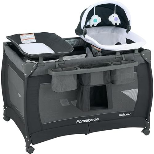 Pamo Babe Playard Magic Fold Playpen Foldable Playard for Baby Portable Playpen Deluxe Nursery Center with Newborn Bassinet Infant Bassinet Diaper Changer