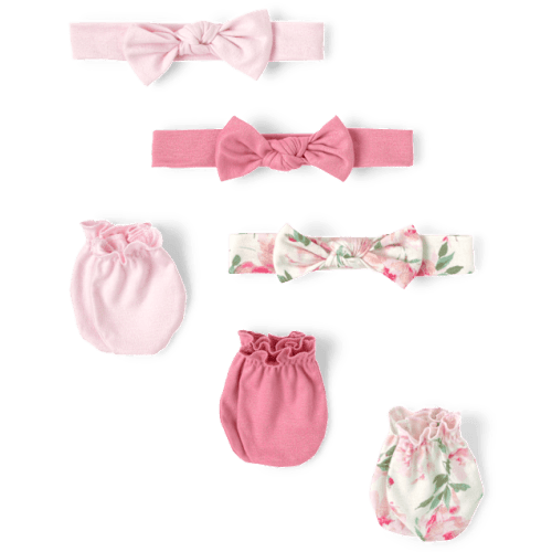 Baby Girls Floral Headwrap And Mittens 6-Piece Set - Pink