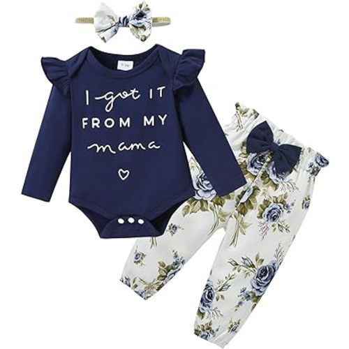 DISAUR Newborn Baby Girl Clothes, Infant Girl Outfits Long Sleeve Ruffle Romper + Floral Pants + Headband Set