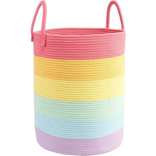 Woven Cotton Rope Laundry basket-15”X20” Laundry Hamper-Rope Storage Basket for Dirty Clothes, Toys and Blankets Perfect for Bathroom, Baby nursery and Living Room Storage (rainbow)
