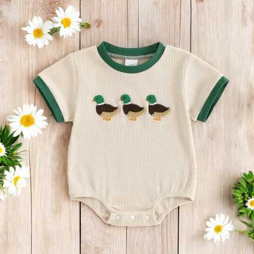 Baby Boys Girls Hunting Duck Rompers, Newborn Short Sleeve Embroidery Duck Romper, Infant Retro Bodysuit, Baby Summer Outfit Gift
