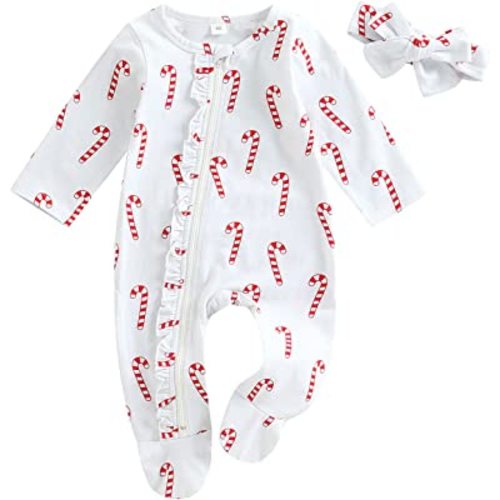 KOSUSANILL Newborn Baby Girl Christmas Outfit Clothes Infant Ruffle Zipper Long Sleeve Footed Romper Footie Jumpsuit