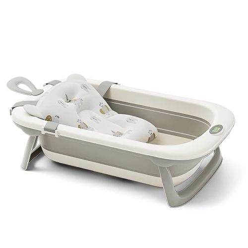 UNICOO® Baby Tub - Foldable Infant Bath Tub for Newborn to Toddler - Portable Baby Bathtub with Soft Cushion &Thermometer - Safety Belt, Detachable Cushion, Convenient Bathtub