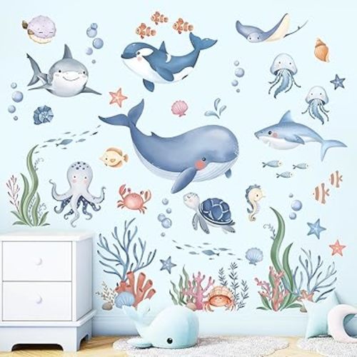 wondever Under The Sea Wall Stickers Ocean Fish Whale Sharks Sea Turtles Peel and Stick Wall Art Decals for Kids Bedroom Baby Nursery Bathroom