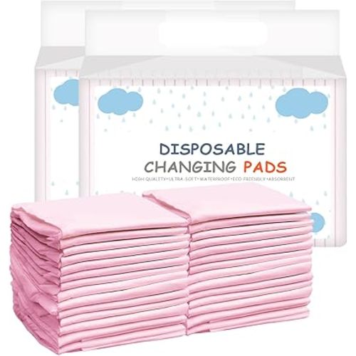 Baby Disposable Changing Pad, 50 Pack Soft Non-Woven Fabric Breathable Waterproof Underpads, Portable Leak-Proof Mattress Protector, Incontinence Bed Pads （Big Pink）