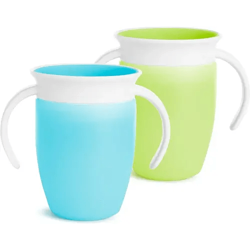 Munchkin Sippy Cup for 6 Month Old and Up, Spill Proof Miracle 360 Toddler Cups with Transition Handles, 7 Ounce, 2 Pack, Blue/Green