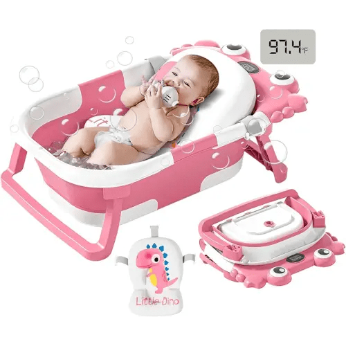Collapsible Baby Bathtub for Newborns to Toddler with Real-time Temp Monitor & Floating Cushion,Portable Travel Tub for 0-36 Month, Foldable Baby Bath Tub for Infants Girl (Pink)