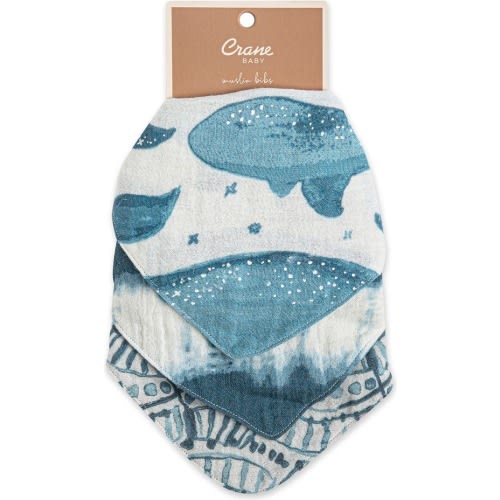 CRANE BABY Kids' 3-Pack Cotton Muslin Bandana Bibs, Blue