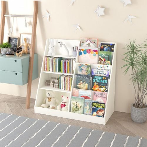 4-Tier White Wooden Kids Book Storage Rack,Kids Bookshelf and Toy Storage Organizer,Display Bookshelf for Living Room Nursery-Baofuwish