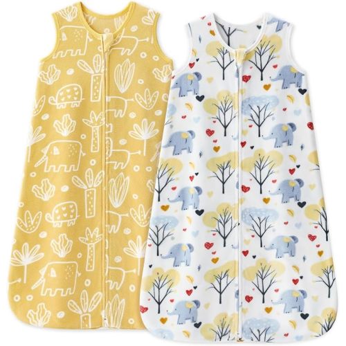 Unnivoll Baby Sleep Sack 0-6 Months 1.0 Tog Micro Fleece Baby Wearable Blanket Microfleece Sleeping Sack with 2-Way Zipper for Newborn Infant Yellow & White Elephant