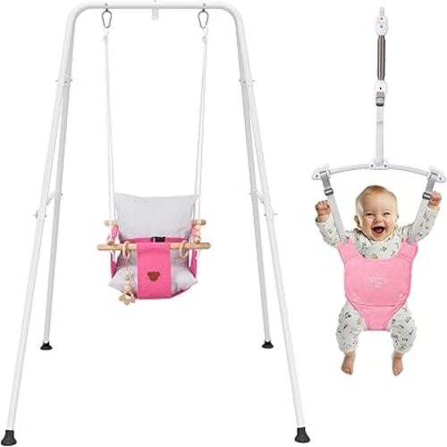 2 in 1 Baby Jumper & Swing, Baby Jumper for Indoor and Outdoor Use, Baby Swing with Foldable Stand, Stable Toddler Swing Set (Pink)