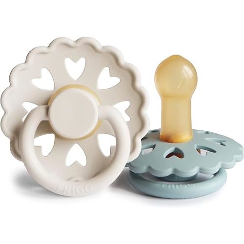 FRIGG Andersen Fairytale Natural Rubber Baby Pacifier | Made in Denmark | BPA-Free (Cream/Stone Blue, 6-18 Months)