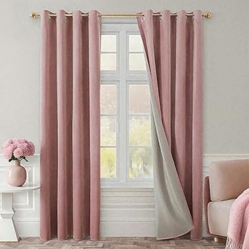 HOMEIDEAS Blush Pink 100% Blackout Velvet Curtains,52 X 84 Inch Room Darkening Thermal Insulated Grommet Window Drapes for Bedroom, Living Room, Nursery，2 Panels