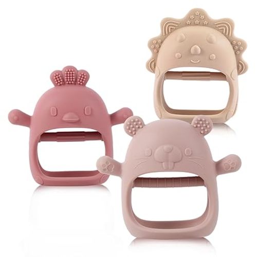 3 Packs Silicone Teething Toy for 3+ Months Babies, BPA Free Chew Toys for Sucking, Easy-to-Grasp Shapes with Soft Texture for Sensory Exploration and Itching Relief(Dark Pink*Rose Pink*Beige)