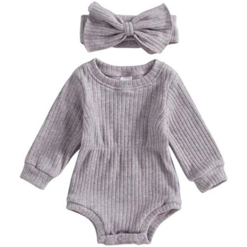 Infant Baby Girl Fall Outfit Clothes Long Sleeve Knit Romper Jumpsuit with Headband Newborn Coming Home Clothing