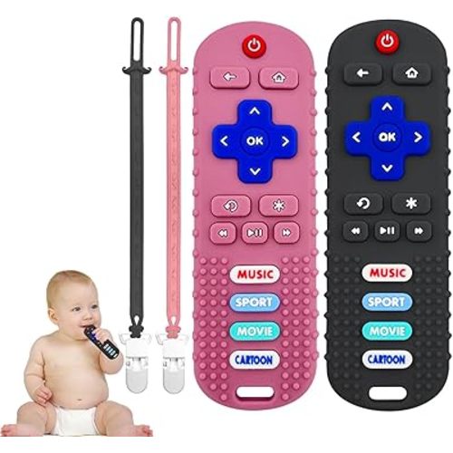 SOLIFEGOBLE 2 Pack Toy Remote for Baby,Silicone Remote Teether for Baby,Baby TV Remote Toy,Infant Chew Toys for Babies Chew Toys (Black + Pink)