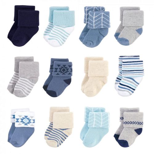 Hudson Baby Infant Boy Cotton Rich Newborn and Terry Socks, Blue Gray Aztec, 0-6 Months