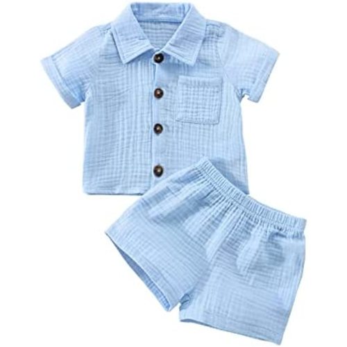 Baby Boys Clothes Set Toddler Infant Boys Button-down Shirt Tops + Cotton Gauze Shorts Summer Outfit 2PCS with Pockets