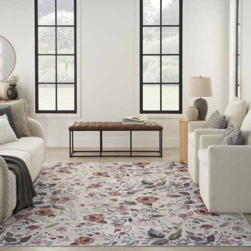Abigayle Floral Machine Washable Cotton Area Rug in Ivory/Pink
