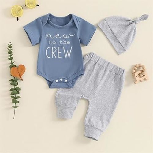 Twopumpkin Newborn Baby Boy Girl Clothes Outfits Short Sleeve Romper Bodysuit Cotton Pants and Hat Coming Home Outfit - Embroidered New to the Crew Blue Gray