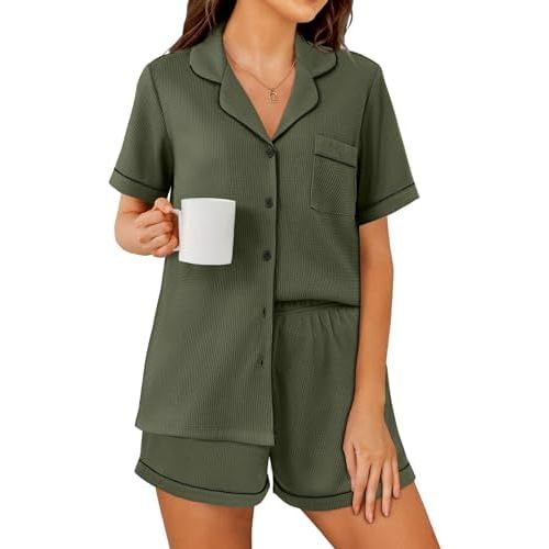 Ekouaer Womens Waffle Knit Pajama Sets Soft Short Sleeve Button Down Sleepwear Cozy 2 Piece Pjs Shorts Set