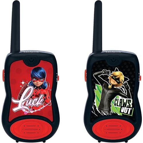 LEXiBOOK, Miraculous, Walkie Talkies, 200m, Communication Set for Kids, 2 Communication Channels, Belt Clip, Black/Red, TW12MI