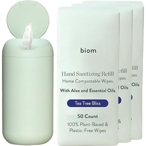 Dispenser + Hand Sanitizing Wipes Starter Kit - Biodegradable Kid-Safe Wipes | All Natural, Non-Toxic Plant-Based Hand Sanitizing Wipe with Aloe for Soft Skin (Sea Foam)