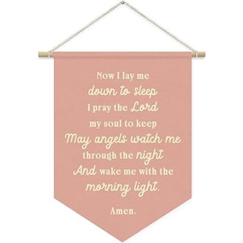 Prayer Nursery Decor,Girls Room Decor - Now I Lay Me Down to Sleep Pink Linen Banner Flag for Little Girl Baby Girl,Wall Hanging Pennant Flag Banner 15x11in
