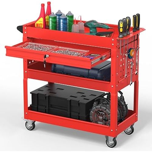 3 Tier Rolling Tool Cart on Wheels, 550 LBS Tool Cart with Drawers,Heavy Duty Utility Cart with Pegboard and Hook,Mechanic Tool Storage Cart for Garage, Warehouse and Repair Shop(Red)