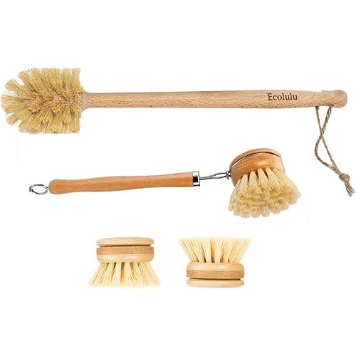 ECOLULU Natural Bamboo Dish Brush & Wood Bottle Brush for Wide Mouth Bottles, Cups and Jars, 2 Replacement Heads included (4 units total) Biodegradable, Eco Friendly Products